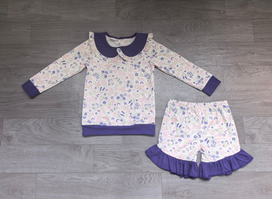 (Sample) No moq milk silk GLS0033 Baby Girls Long Sleeve Top With Floral Collar Matching Ruffle Shorts Clothes Sets
