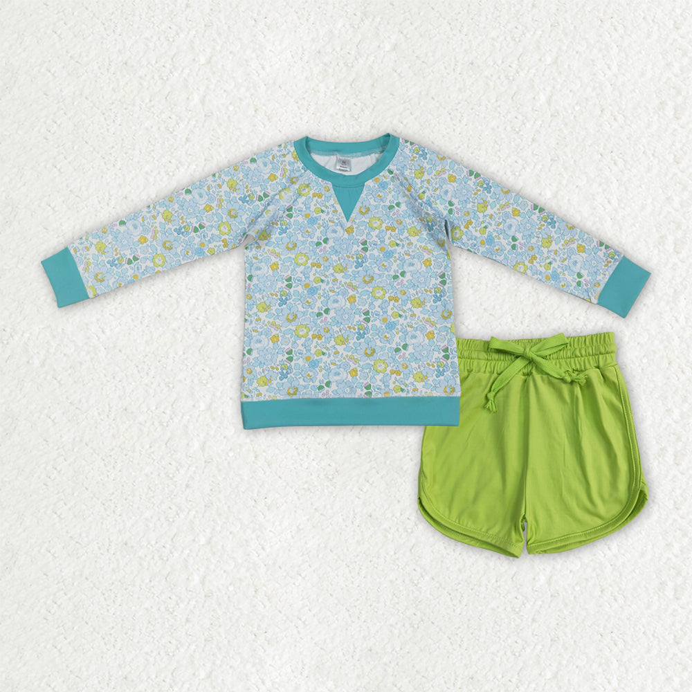 RTS NO MOQ（In Stock) baby girl clothes blue green floral yoga long sleeved top shorts sets-GLS0080