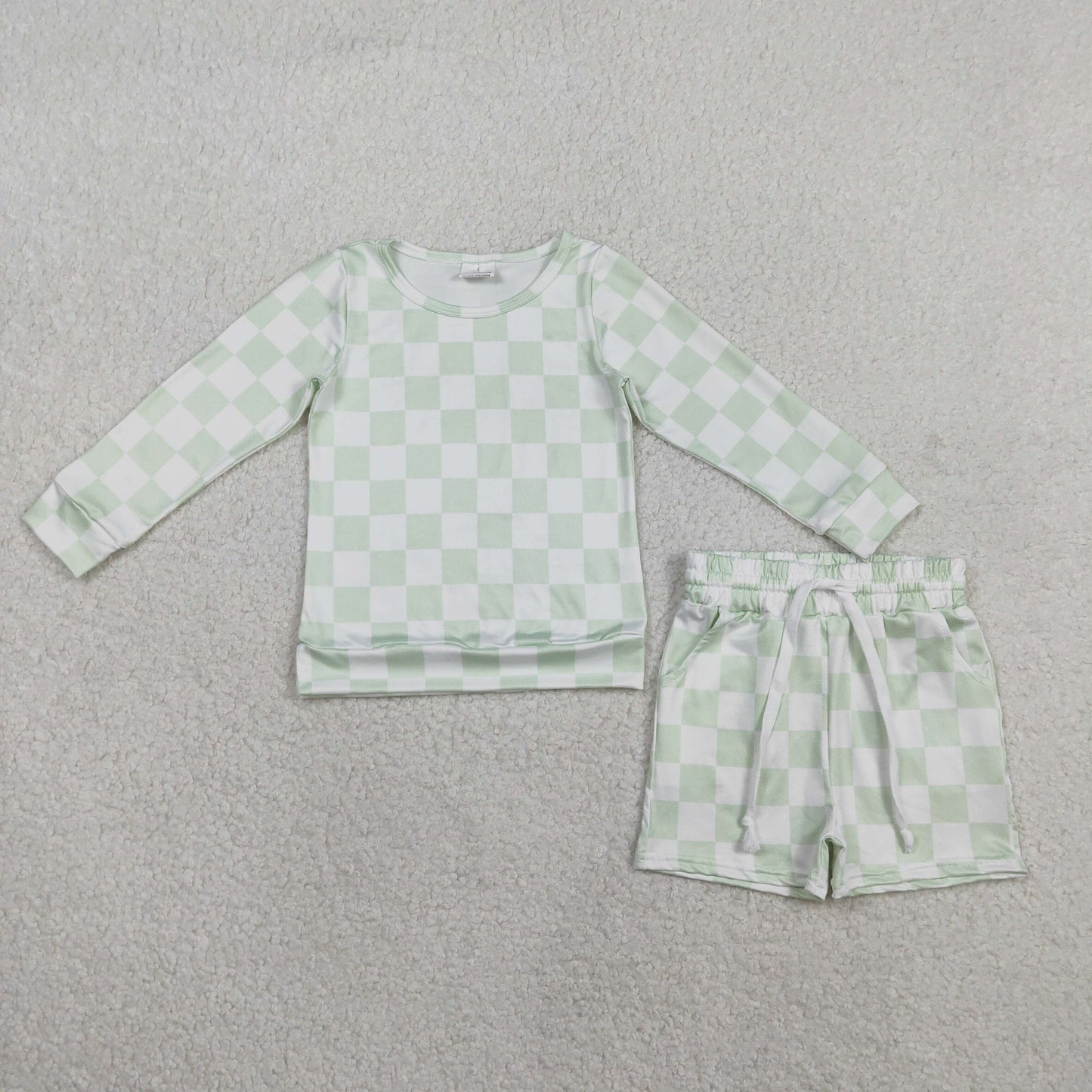 RTS NO MOQ Sibling Baby Girls Checked Long Sleeve Top with Pockets And Shorts Outfit Set Clothing Set for Infants