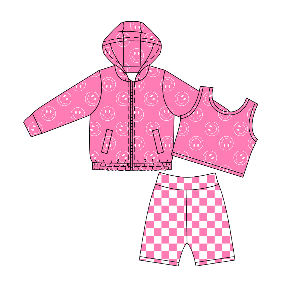 (Pre Order) No moq Yoga Baby Girls 3 Piece Pink Hoodie Sleeveless Top Checkered Shorts Yoga Set