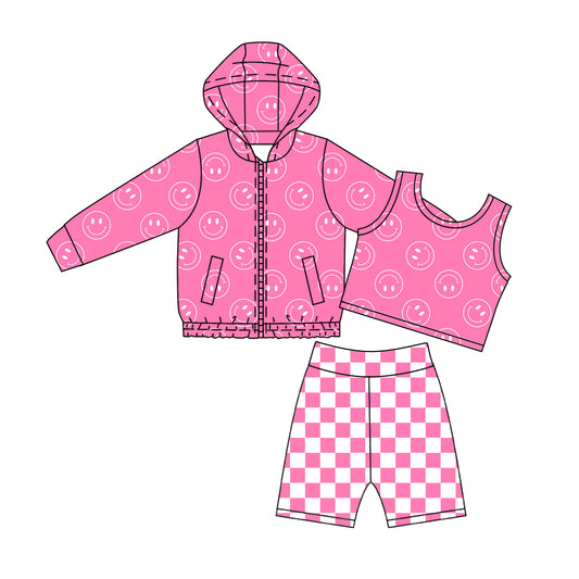 (Pre Order) No moq Yoga Baby Girls 3 Piece Pink Hoodie Sleeveless Top Checkered Shorts Yoga Set