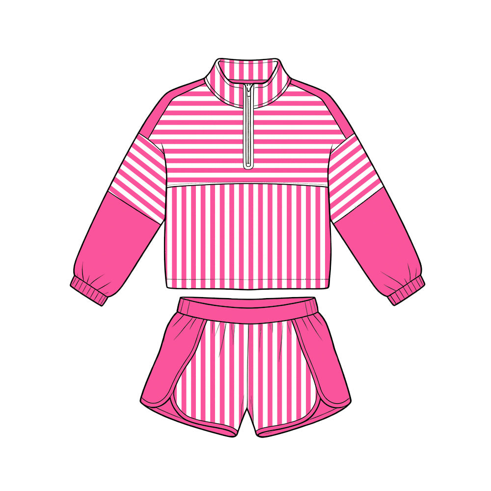 (Pre Order) No moq Baby Girls Stripe Half Zip Pullover Top Elastic Waist Shorts Two Piece Yoga Active Clothes Sets