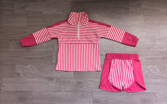 (Sample) No moq yoga fabric GLS0106 (GT1715+SS0949) Yoga Baby Girls Pink Stripe Print Zip Pullover Matching Shorts Two Piece Yoga Active Clothes Set