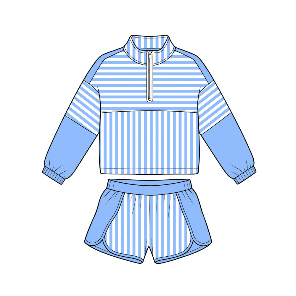 (Pre Order) No moq Baby Girls Stripe Half Zip Pullover Top Elastic Waist Shorts Two Piece Yoga Active Clothes Sets
