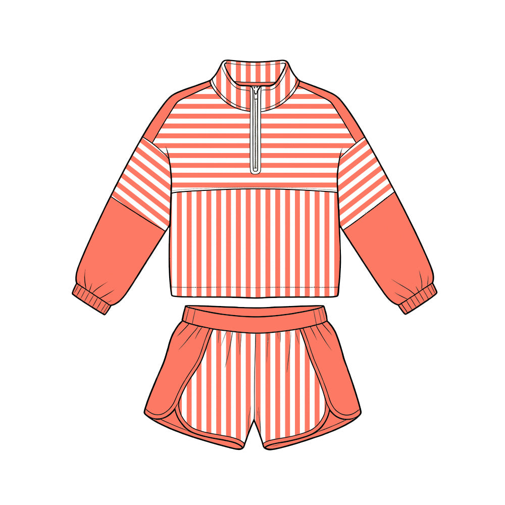 (Pre Order) No moq Baby Girls Stripe Half Zip Pullover Top Elastic Waist Shorts Two Piece Yoga Active Clothes Sets