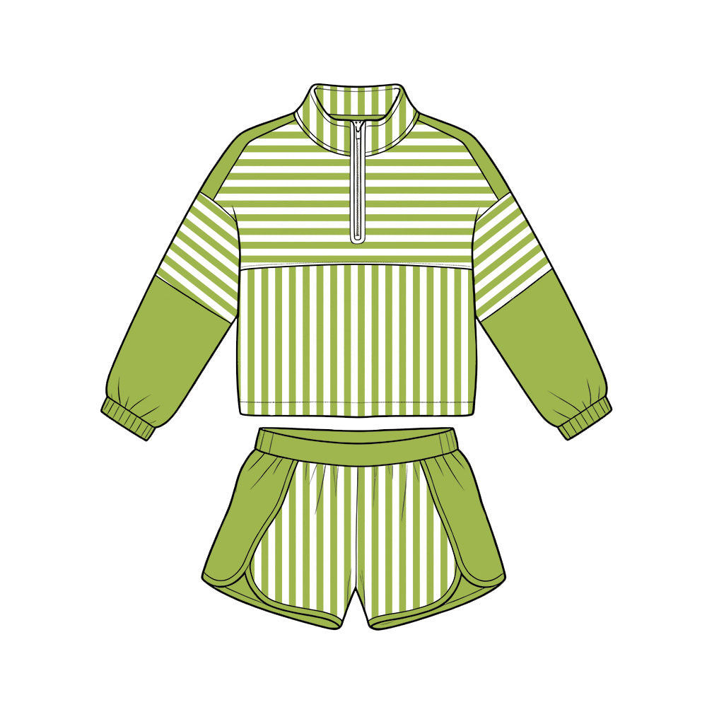 (Pre Order) No moq Baby Girls Stripe Half Zip Pullover Top Elastic Waist Shorts Two Piece Yoga Active Clothes Sets