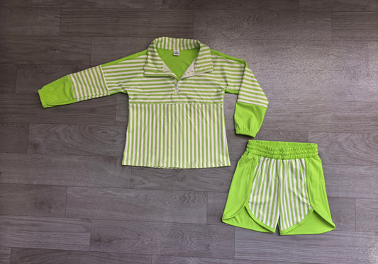 (Sample) No moq yoga fabric GLS0109 (GT1718+SS0952) Yoga Baby Girls Green Stripe Print Zip Pullover Matching Shorts Two Piece Yoga Active Set