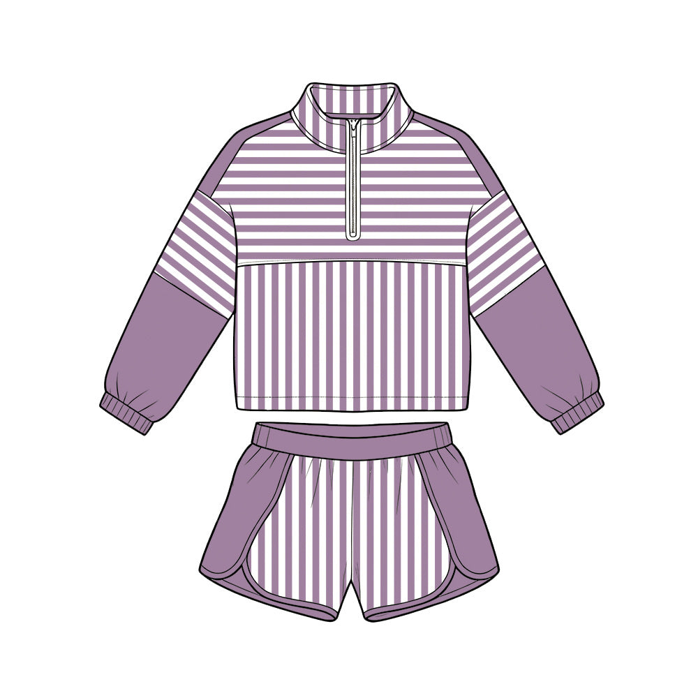 (Pre Order) No moq Baby Girls Stripe Half Zip Pullover Top Elastic Waist Shorts Two Piece Yoga Active Clothes Sets