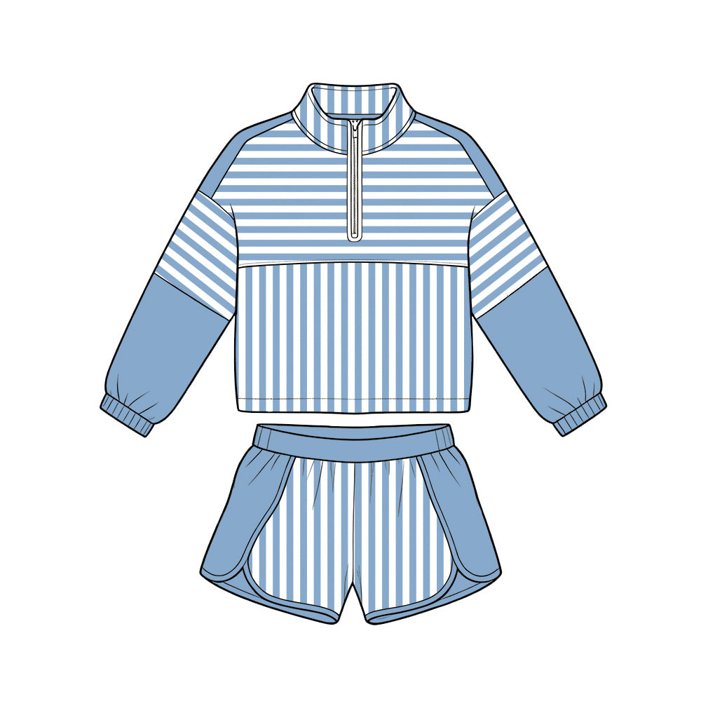 (Pre Order) No moq Baby Girls Stripe Half Zip Pullover Top Elastic Waist Shorts Two Piece Yoga Active Clothes Sets