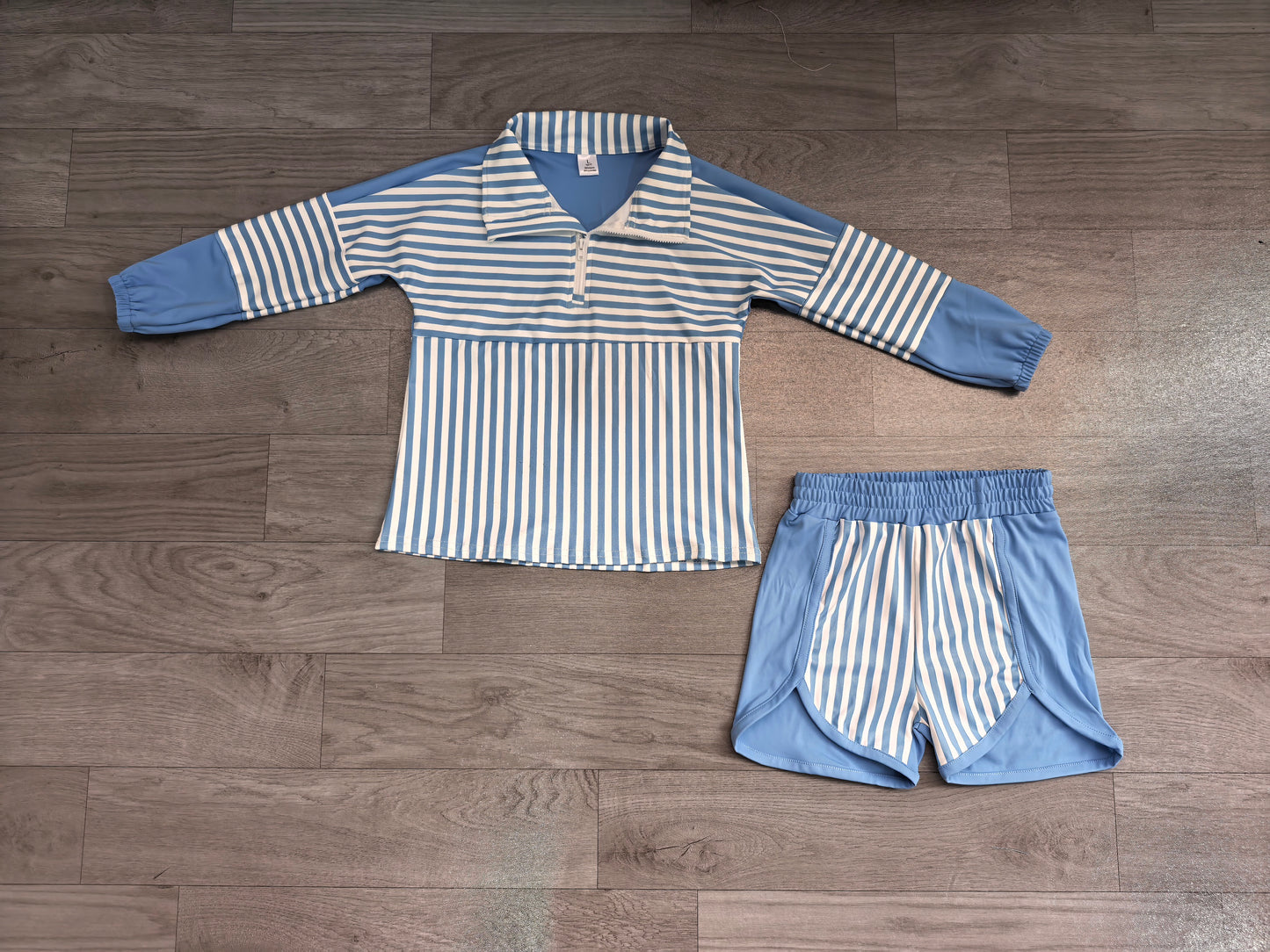(Sample) No moq yoga fabric GLS0111(GT1720+SS0954) Baby Girls Hot Blue Stripe Zip Pullovers Shorts Yoga Active Clothes Sets