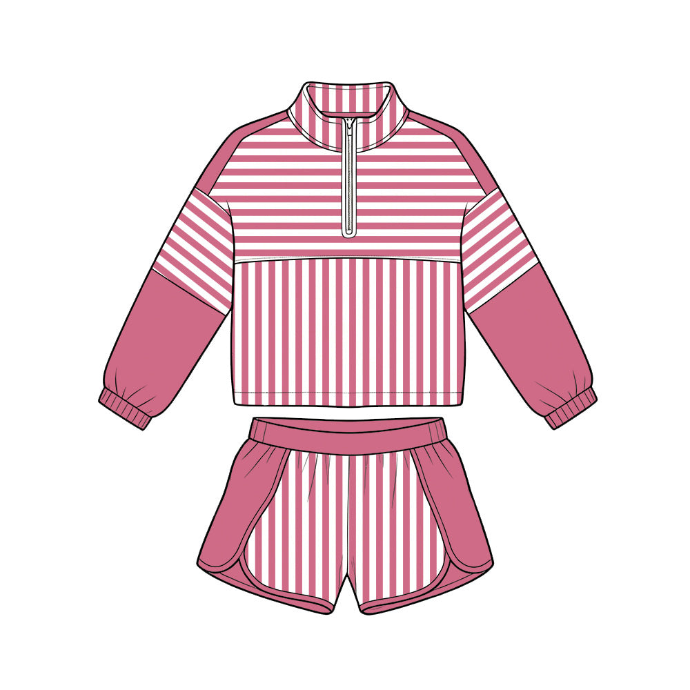 (Pre Order) No moq Baby Girls Stripe Half Zip Pullover Top Elastic Waist Shorts Two Piece Yoga Active Clothes Sets
