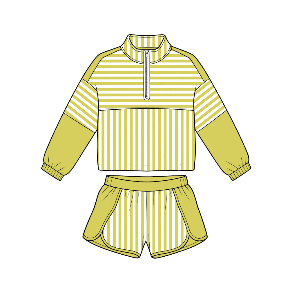 (Pre Order) No moq Baby Girls Stripe Half Zip Pullover Top Elastic Waist Shorts Two Piece Yoga Active Clothes Sets