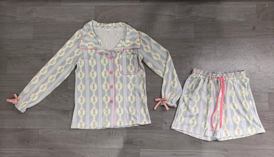 (Sample) No moq milk silk GLS0114 Adult Women Summer Christmas Bow Tree Button Pocket Top Shorts Pajamas Sets