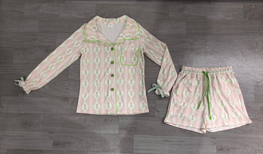 (Sample) No moq milk silk GLS0115 Adult Women Summer Bow And Christmas Tree Button Pocket Top Shorts Holiday Sleepwear Sets