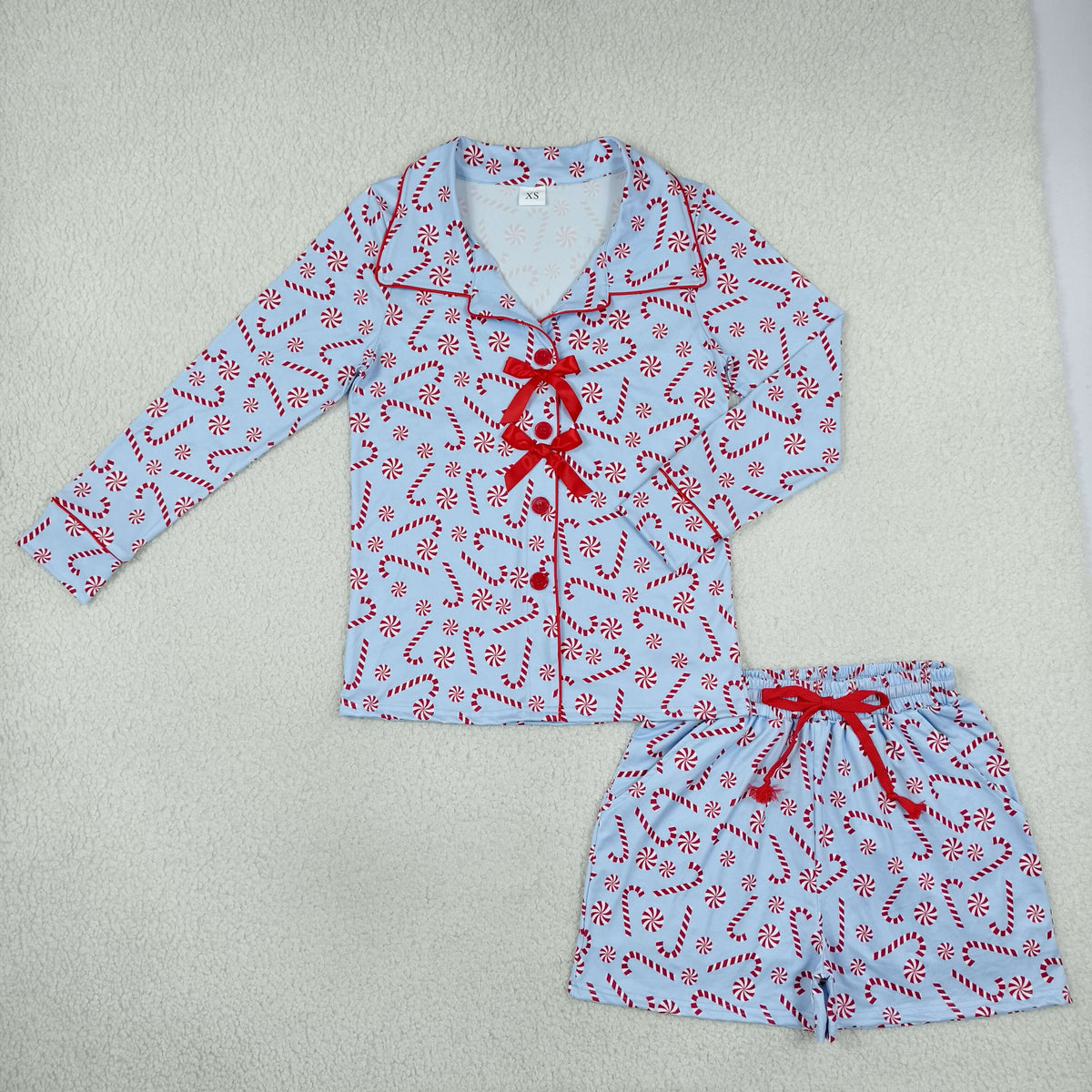 NEW RTS NO MOQ milk silk GLS0114 Adult Women Christmas Bow Tree Button Pocket Top Shorts Pajamas Sets（副本）