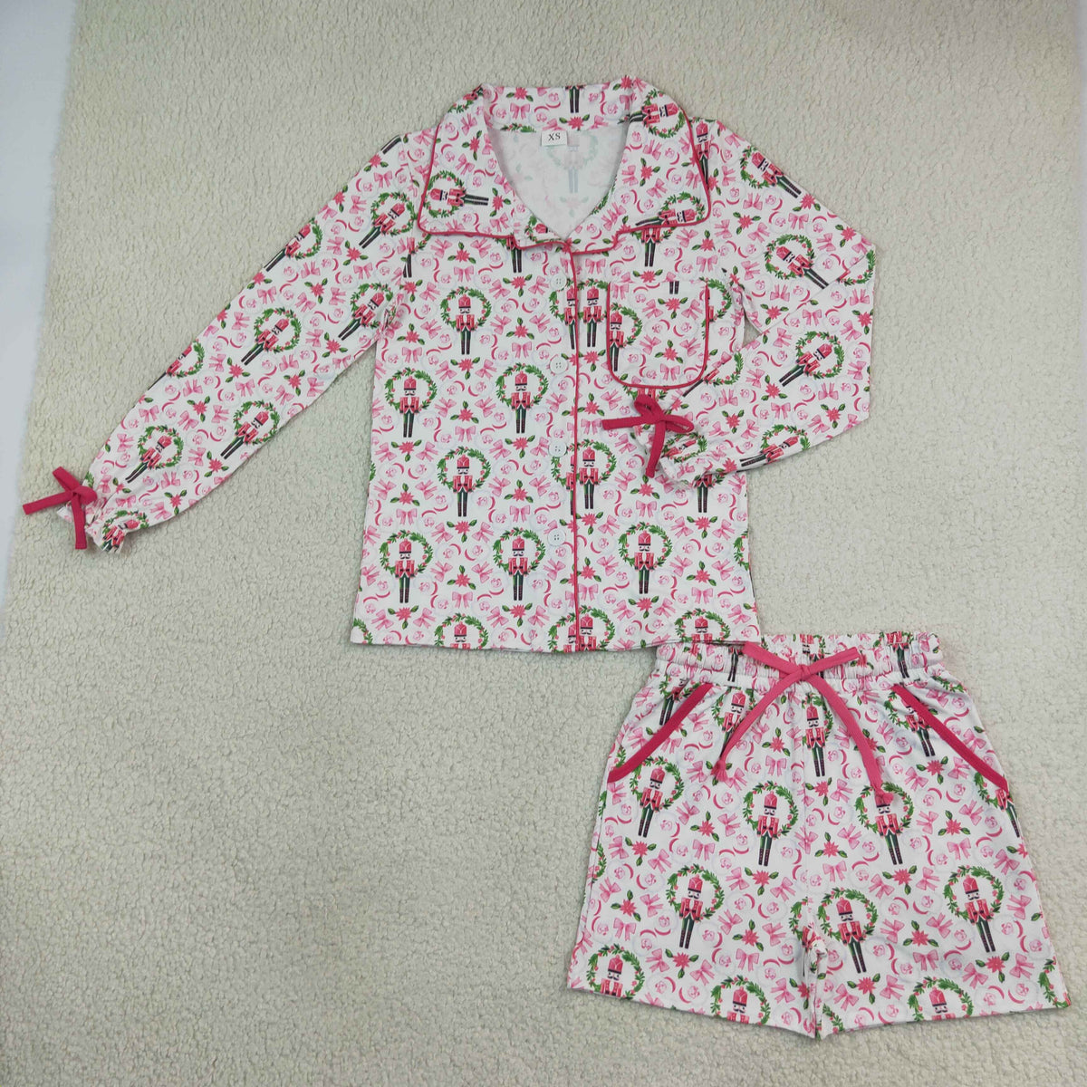 NEW RTS NO MOQ milk silk GLS0117 Adult Women Long Sleeve Button Pocket Top Shorts Holiday Christmas Sleepwear Sets