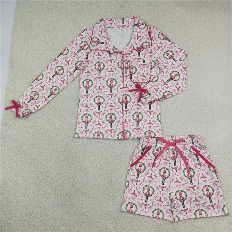 RTS NO MOQ Sibling milk silk Adult To Match Kids Christmas Print Collar Shirt Short Pajama Set