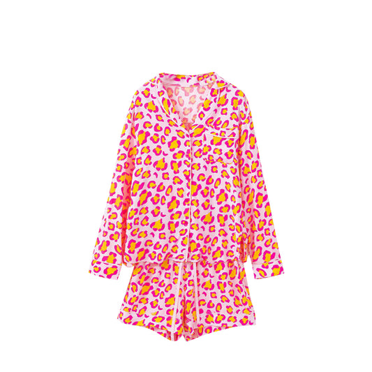 (Preorder new) No moq GLS0118 Adult Women Pink Leopard Button Down Pocket Top Elastic Waist Shorts Casual Sleep Sets
