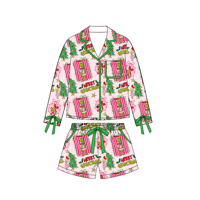 (Preorder new) No moq Adult Women Cute Halloween Spider Bow Graphic Button Front Pocket Top Shorts Comfort Night Sleep Outfits