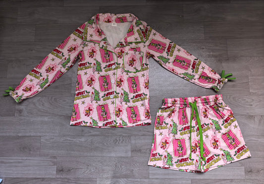 (Sample) No moq milk silk GLS0119 Adult Women Christmas Green Button Pockets Top And Shorts Pajamas Set
