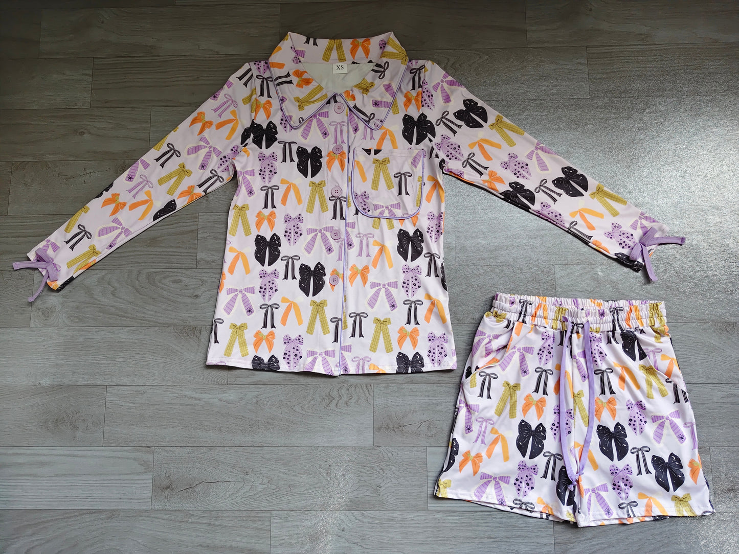 (Sample) No moq milk silk GLS0120 Adult Women Halloween Spider Print Bow Button Front Pocket Top Elastic Waist Shorts Pajama Set