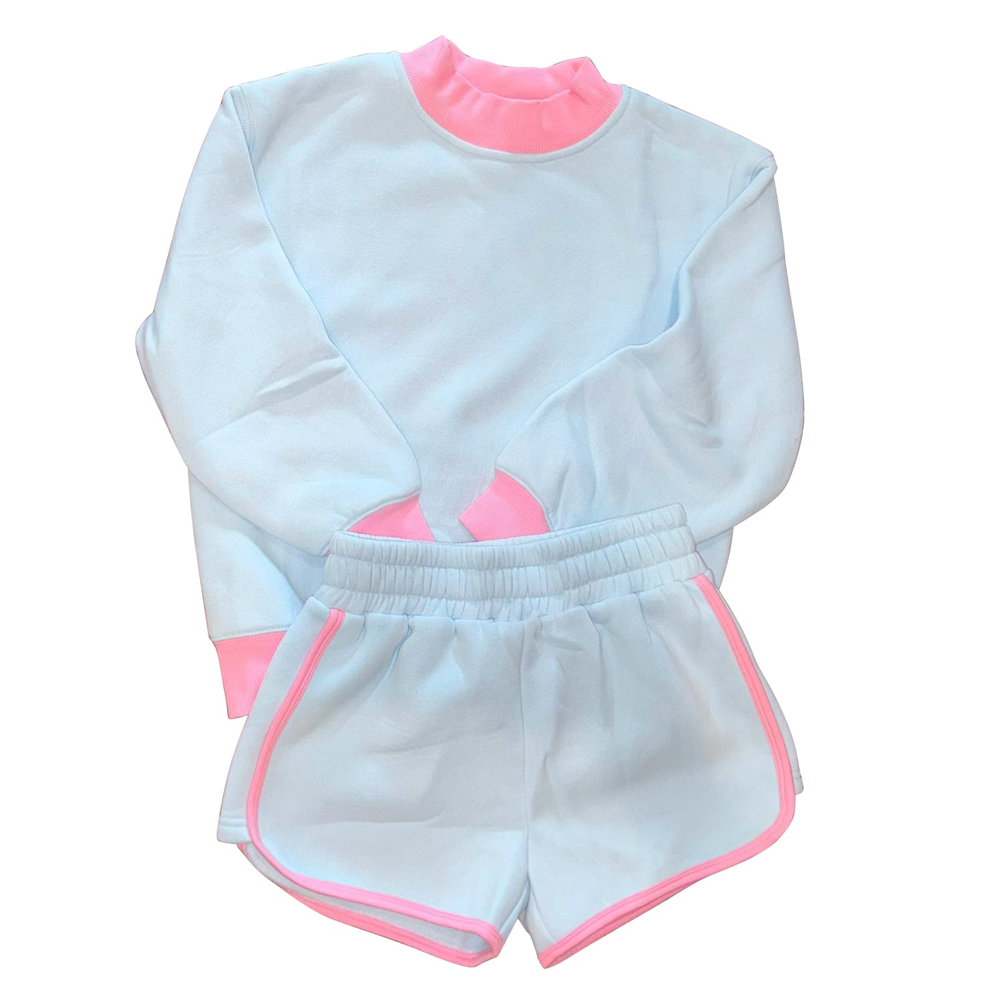 (Preorder new) No moq GLS0121 Yoga Baby Girls Solid Light Blue Short Sleeve Shirt Top Elastic Waist Shorts Two Piece Yoga Active Clothes Sets
