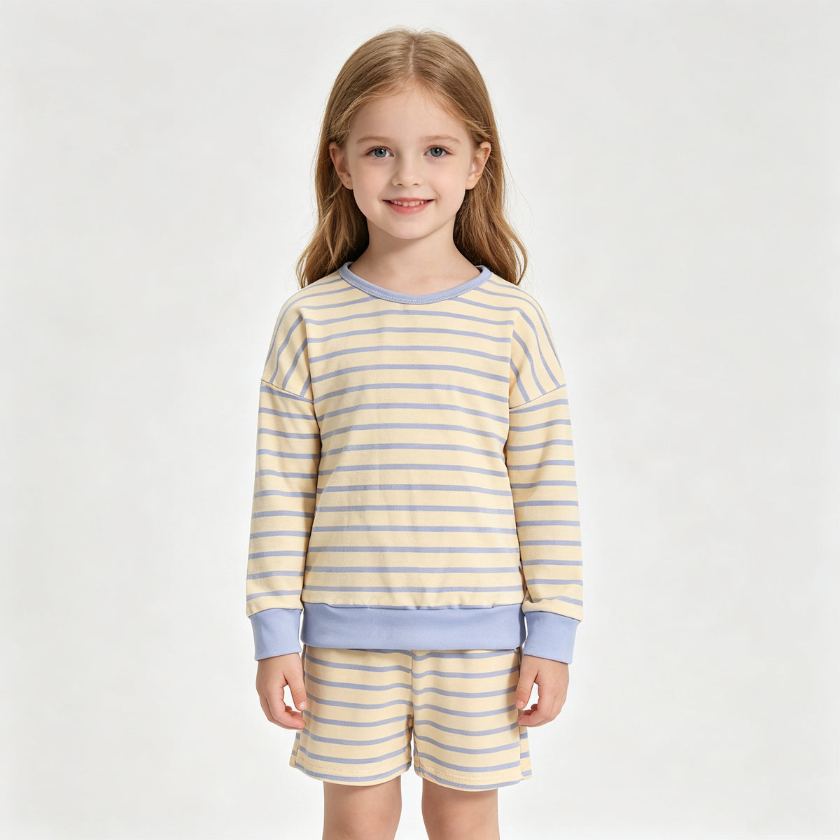 (Sample) No moq yoga fabric GLS0125 Yoga Baby Girls Yellow Blue Stripe Shirt Top Short Yoga Active Clothes Set