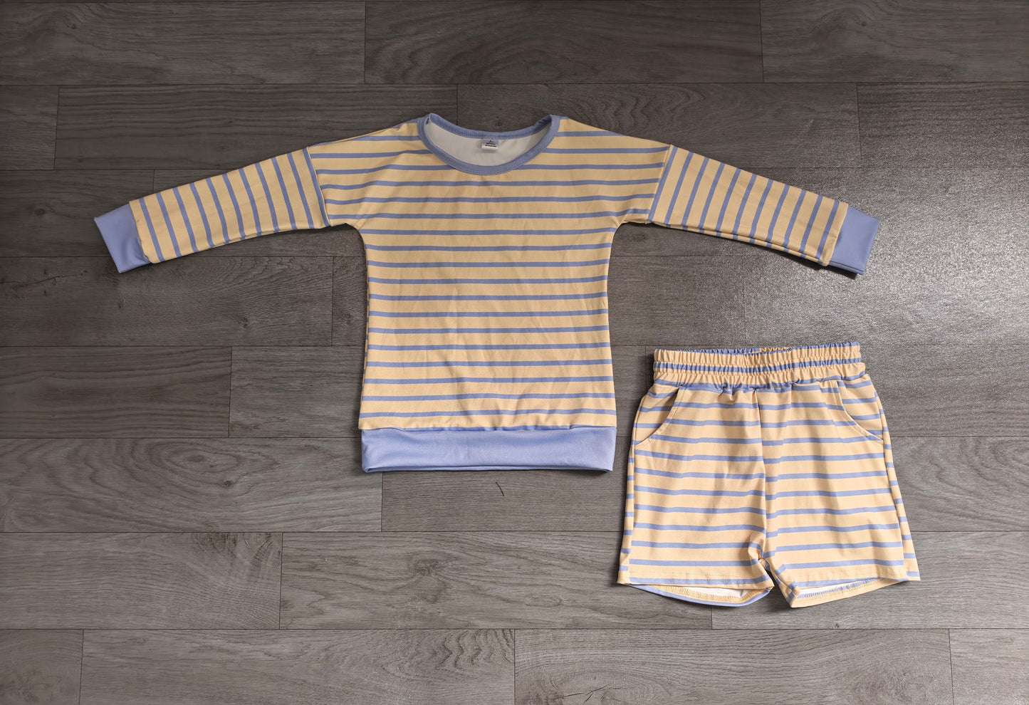 (Sample) No moq yoga fabric GLS0125 Yoga Baby Girls Yellow Blue Stripe Shirt Top Short Yoga Active Clothes Set