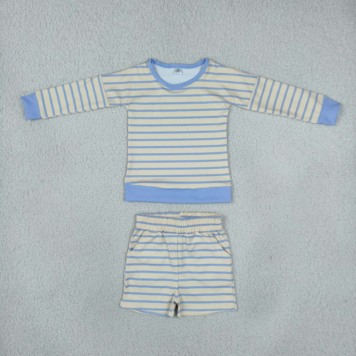 RTS NO MOQ Sibling yoga fabric Adult To Match Kids Blue Cream Striped Long Sleeve Top Elastic Waist Shorts Clothes Set
