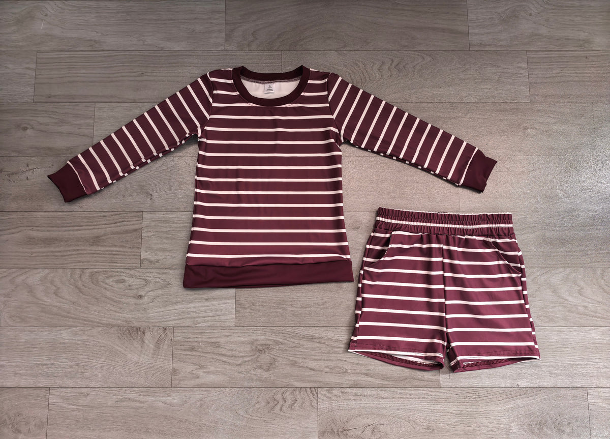 (Sample) No moq yoga fabric GLS0130 Yoga Baby Girls Maroon Stripe Shirt Top Short Yoga Active Clothes Set