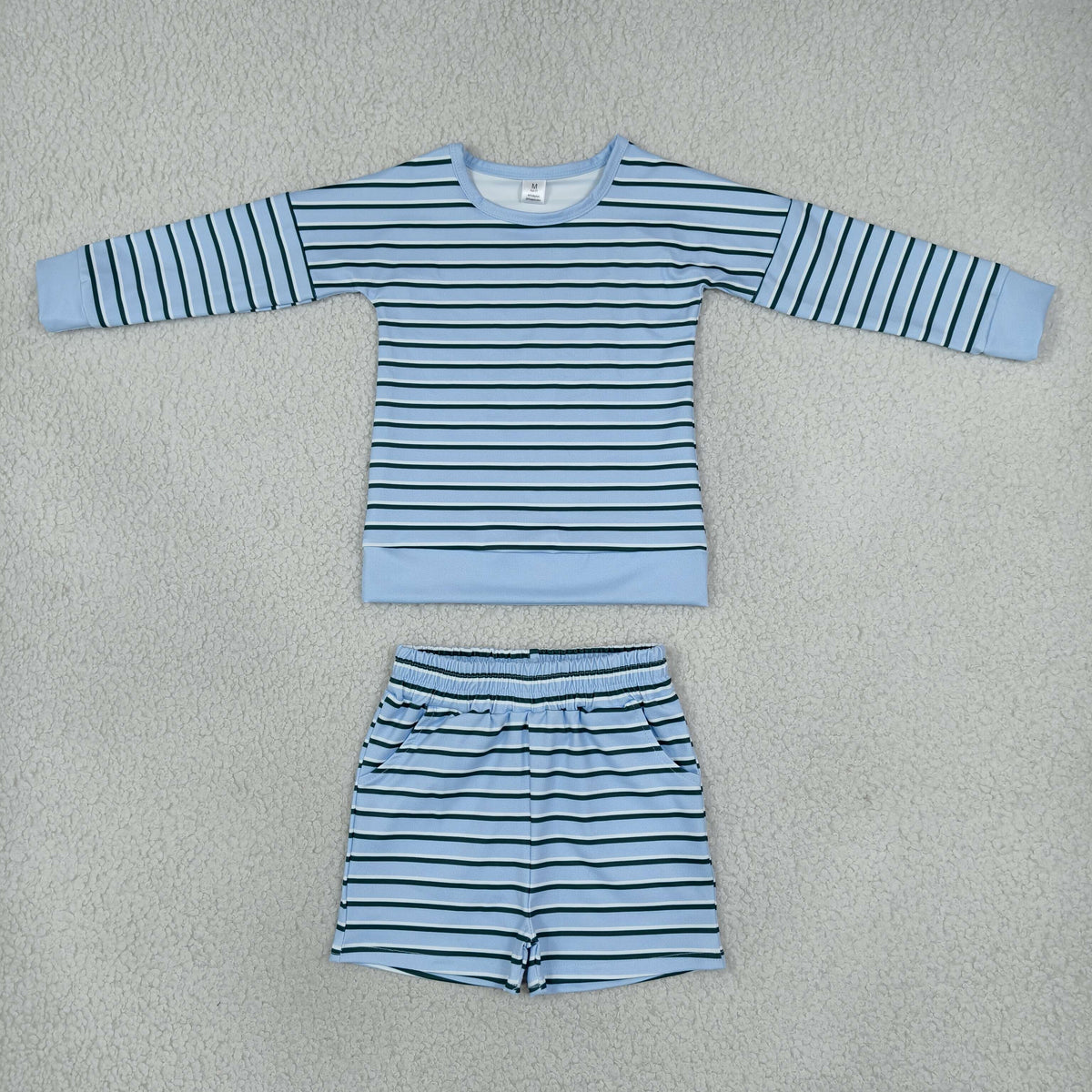 NEW RTS NO MOQ yoga fabric GLS0133 Yoga Baby Girls Blue Stripe Shirt Top Short Yoga Set