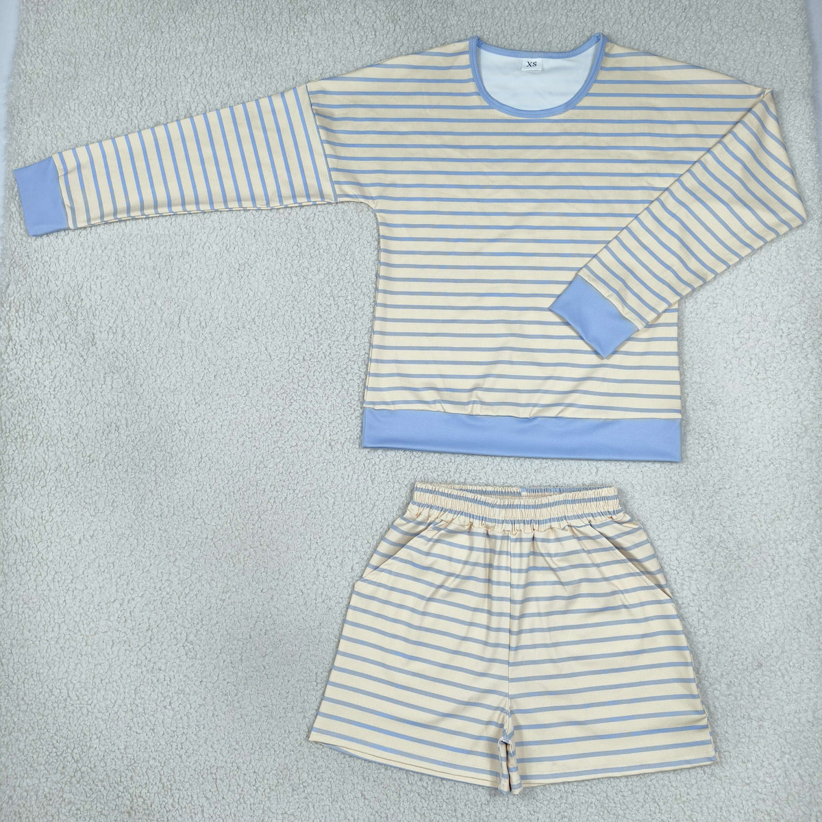 NEW RTS NO MOQ yoga fabric GLS0138 Yoga Adult Women Blue Stripe Active Top Pockets Short Yoga Clothes Set