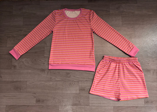 (Sample) No moq yoga fabric GLS0139 Yoga Adult Women Pink Stripe Shirt Top Short Yoga Active Clothes Set