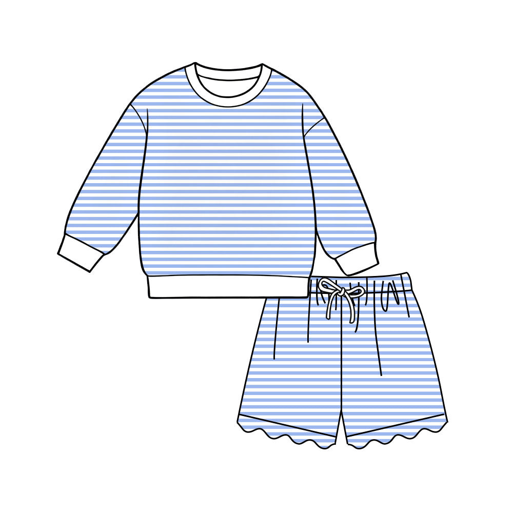 (Preorder new) No moq Kids And Adult Striped Long Sleeve Shirt Top And Scallop Short Yoga Active Set