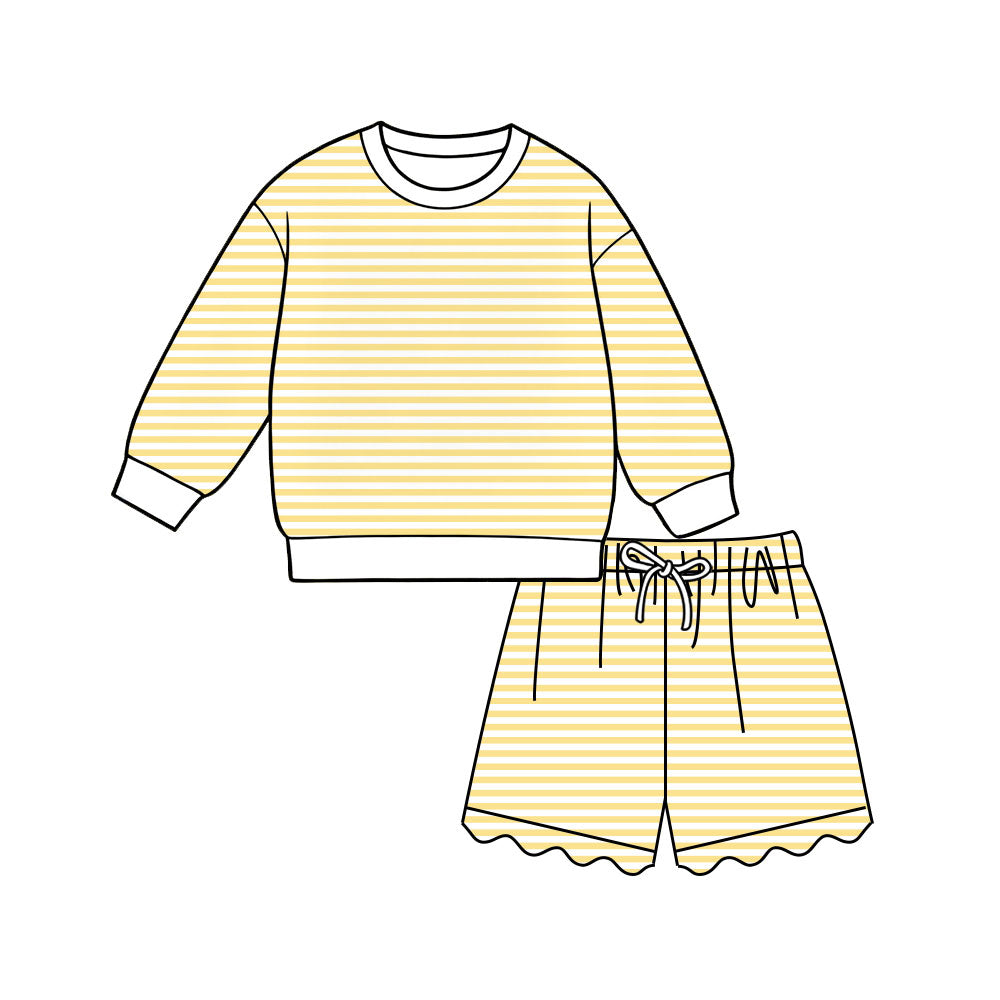 (Preorder new) No moq Kids And Adult Striped Long Sleeve Shirt Top And Scallop Short Yoga Active Set