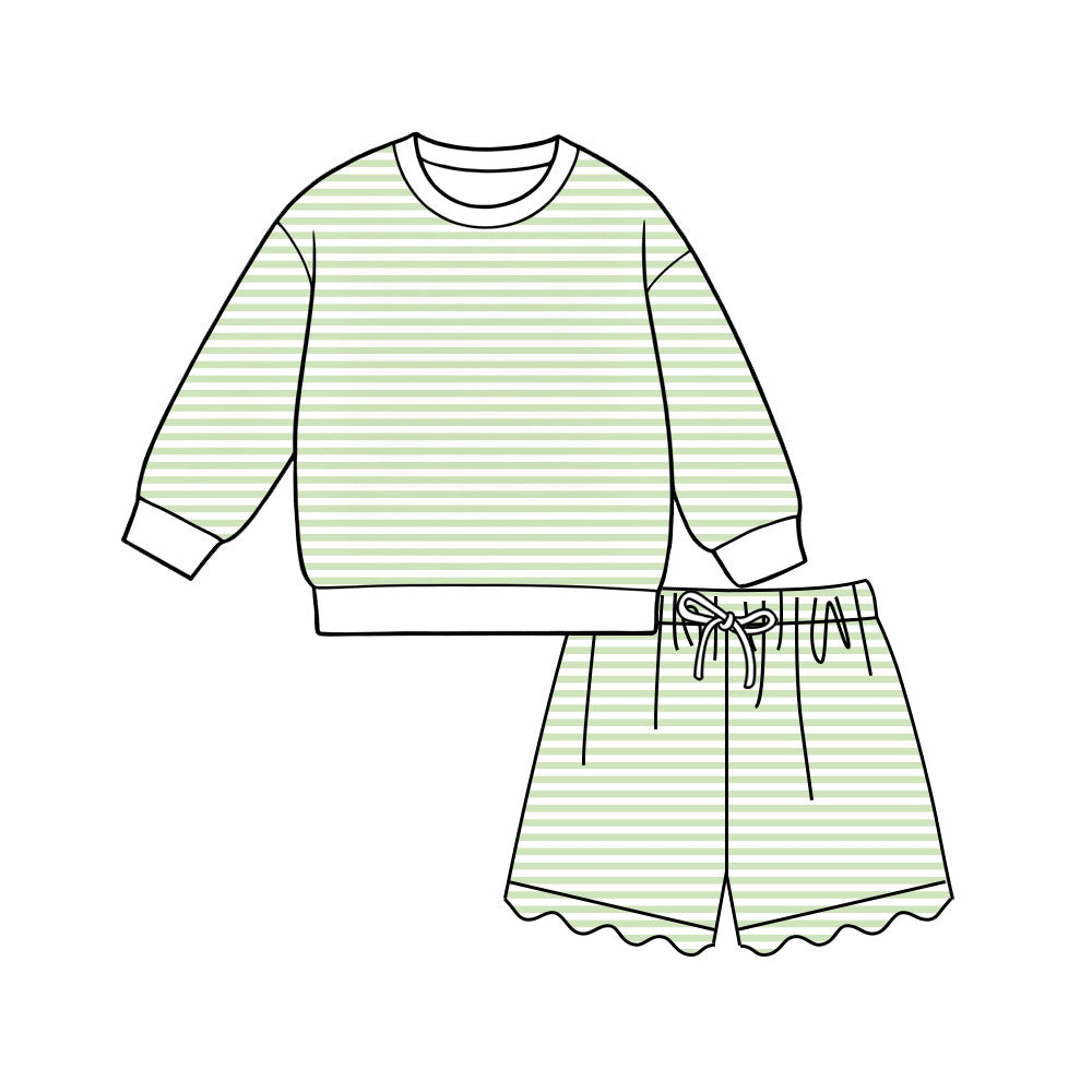(Preorder new) No moq Kids And Adult Striped Long Sleeve Shirt Top And Scallop Short Yoga Active Set