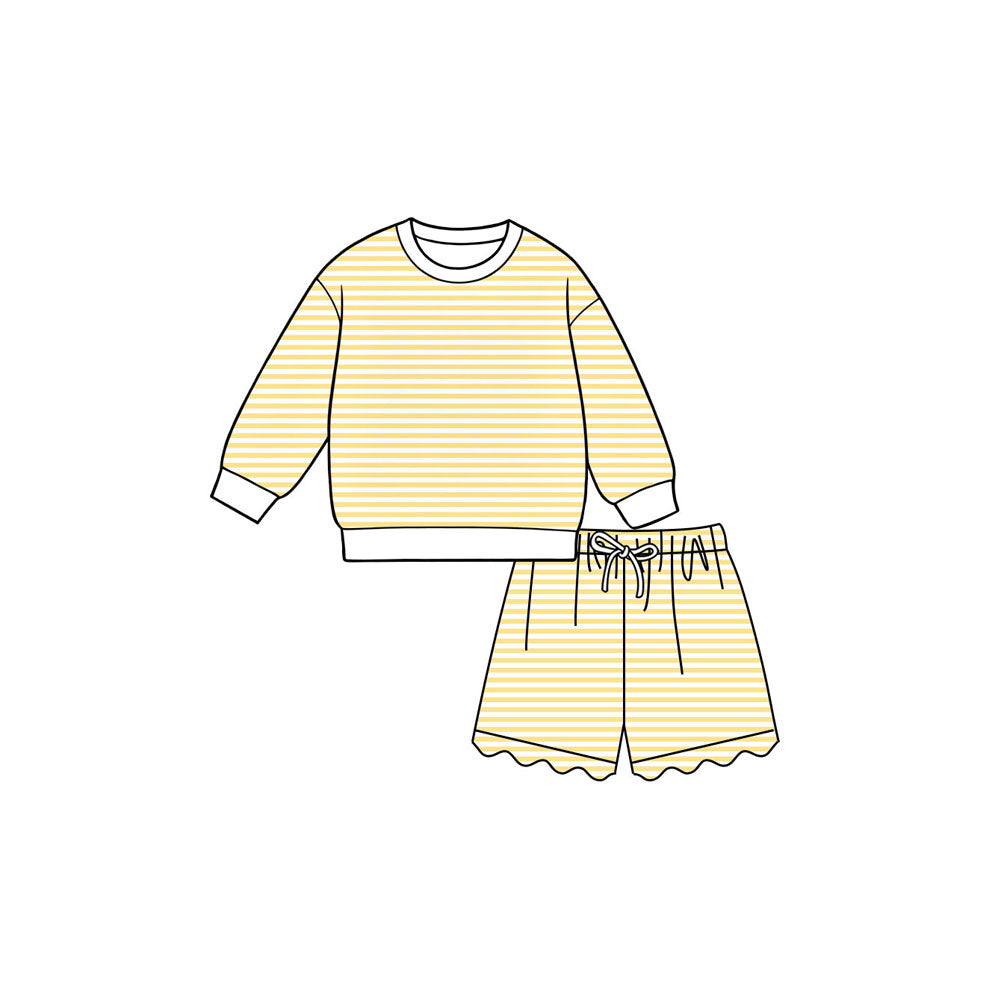 (Preorder new) No moq Kids And Adult Striped Long Sleeve Shirt Top And Scallop Short Yoga Active Set
