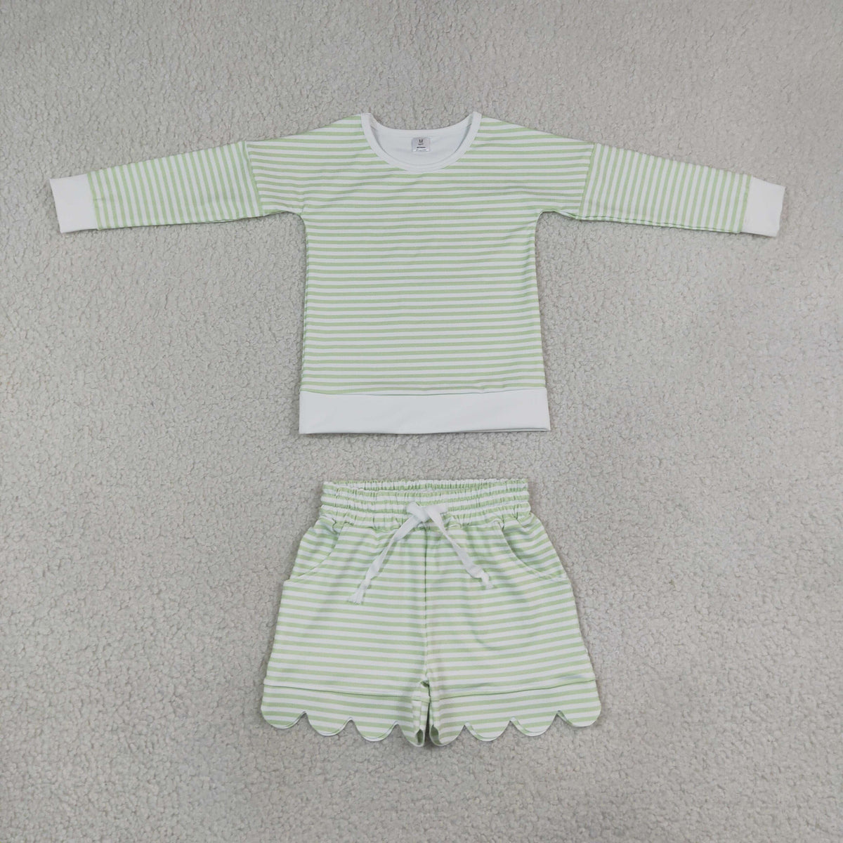 RTS NO MOQ Sibling yoga fabric Baby Girls Striped Long Sleeve Top and Scallop Hem Shorts Set