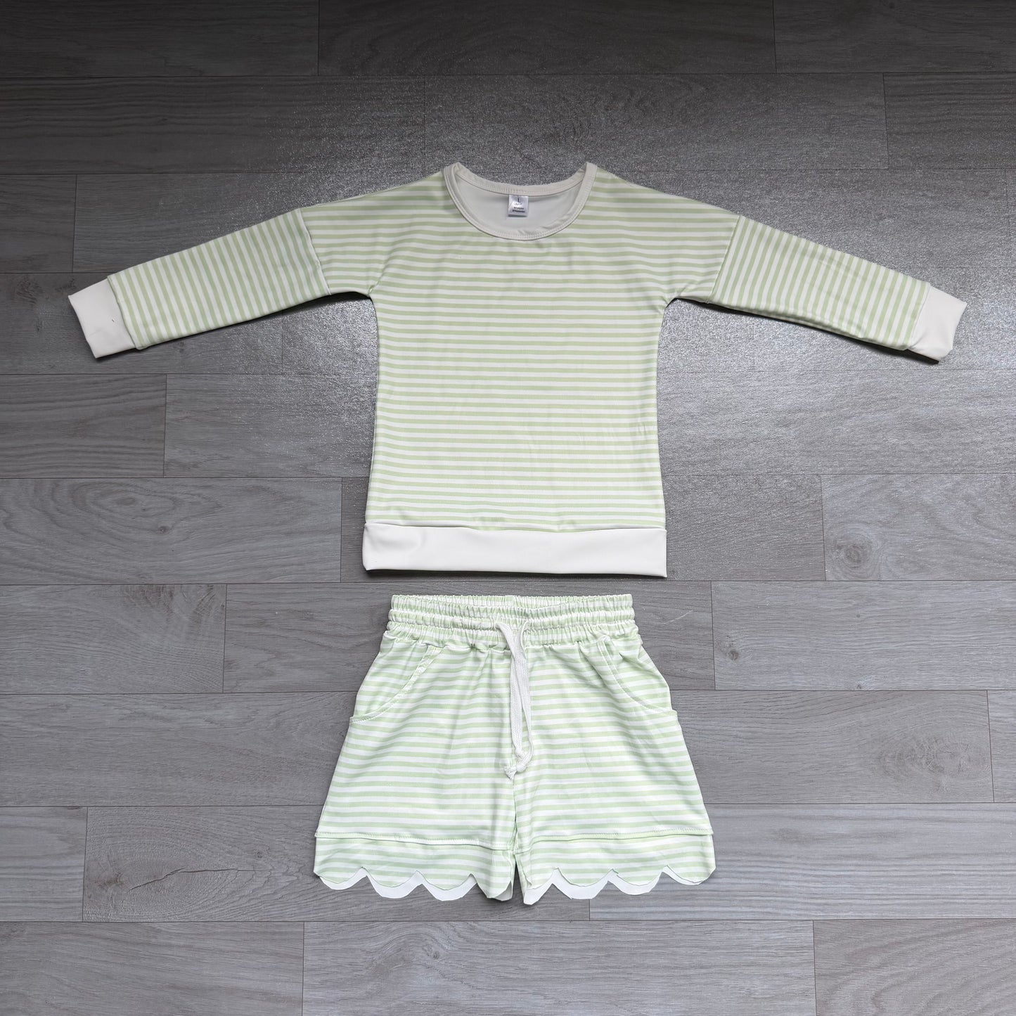 (Sample) No moq yoga fabric GLS0154 Yoga Baby Girls Green Stripe Shirt Top Scallop Short Yoga Active Clothes Set