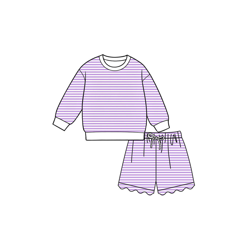(Preorder new) No moq Kids And Adult Striped Long Sleeve Shirt Top And Scallop Short Yoga Active Set