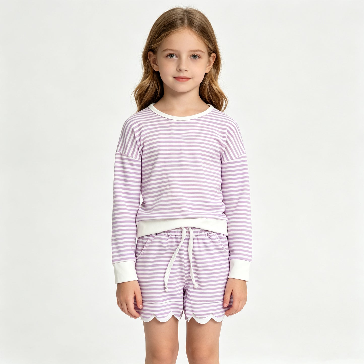 (Sample) No moq yoga fabric GLS0155 Yoga Baby Girls Purple Stripe Shirt Top Scallop Short Yoga Active Clothes Set