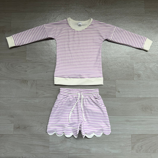 (Sample) No moq yoga fabric GLS0155 Yoga Baby Girls Purple Stripe Shirt Top Scallop Short Yoga Active Clothes Set