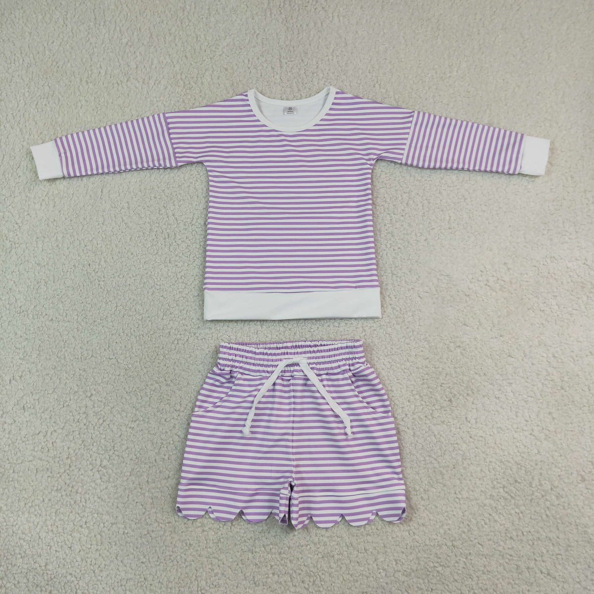 RTS NO MOQ Sibling yoga fabric Baby Girls Striped Long Sleeve Top and Scallop Hem Shorts Set
