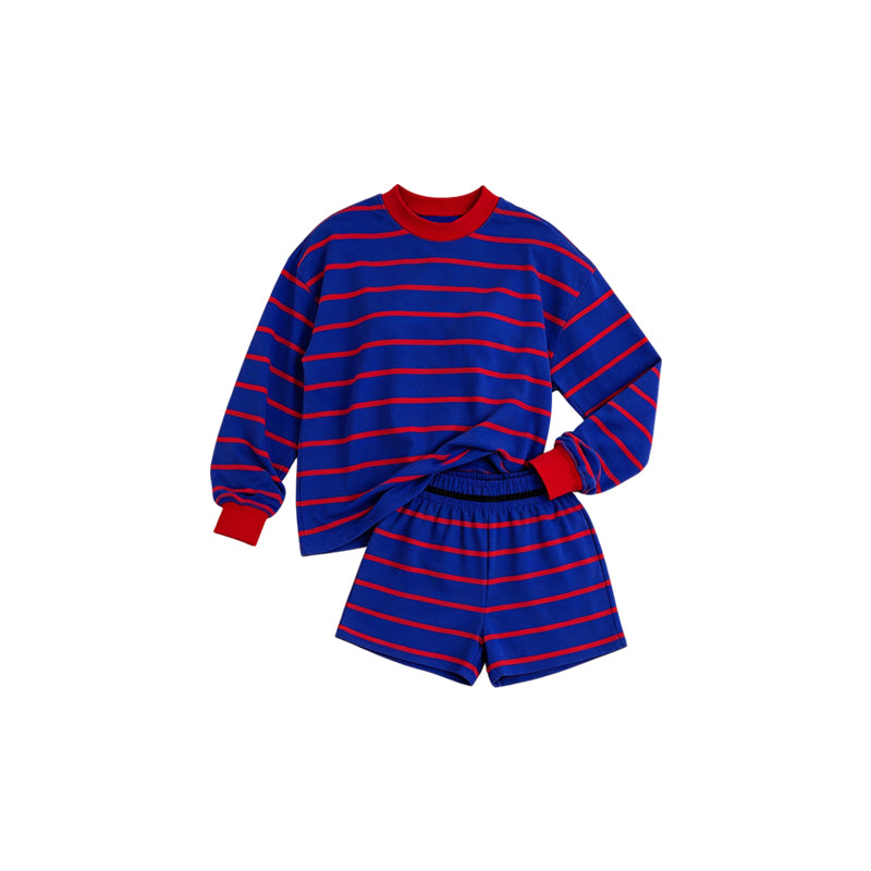(Preorder new) No moq Yoga Kids And Adult Red Blue Striped Shirt Top And Short Yoga Active Set