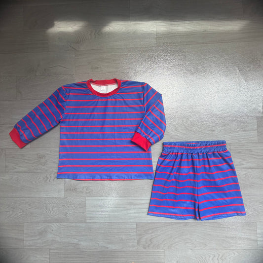 (Sample) No moq yoga fabric GLS0157 Yoga Baby Girls Red Blue Stripe Shirt Top Shorts Kids Active Outfit