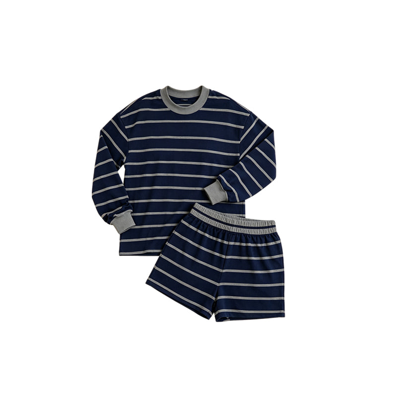 (Preorder new) No moq Yoga Kids And Adult Grey Navy Striped Shirt Top And Short Yoga Active Set