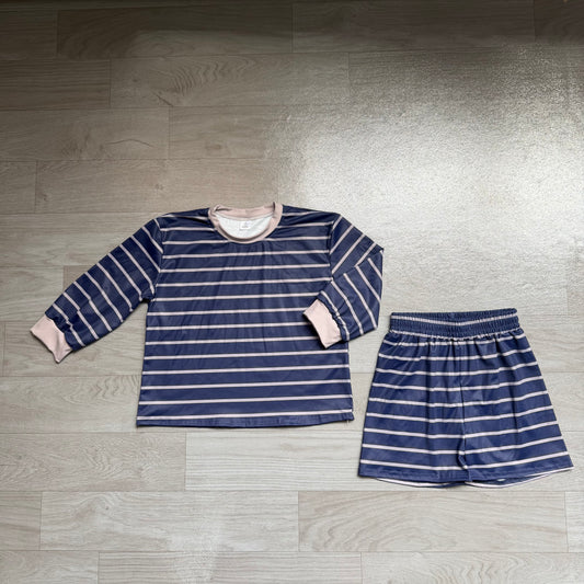 (Sample) No moq yoga fabric GLS0158 Yoga Baby Girls Grey Navy Stripe Shirt Top Shorts Kids Active Outfit