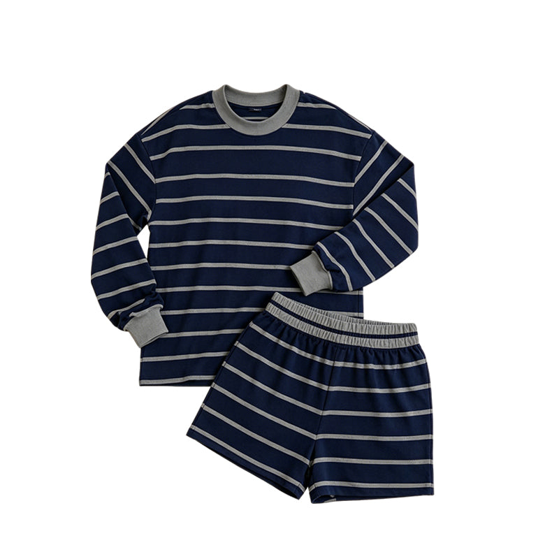 (Preorder new) No moq Yoga Kids And Adult Grey Navy Striped Shirt Top And Short Yoga Active Set