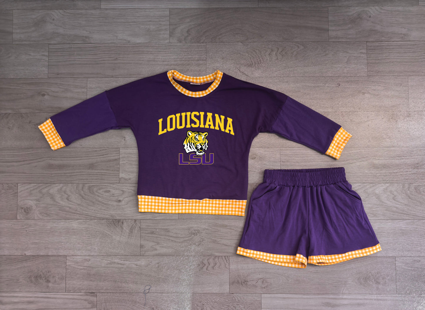 (Sample) No moq Vinyl GLS0166 Baby Boys Vinyl Louisiana Long Sleeve Top Short Team Clothes Set