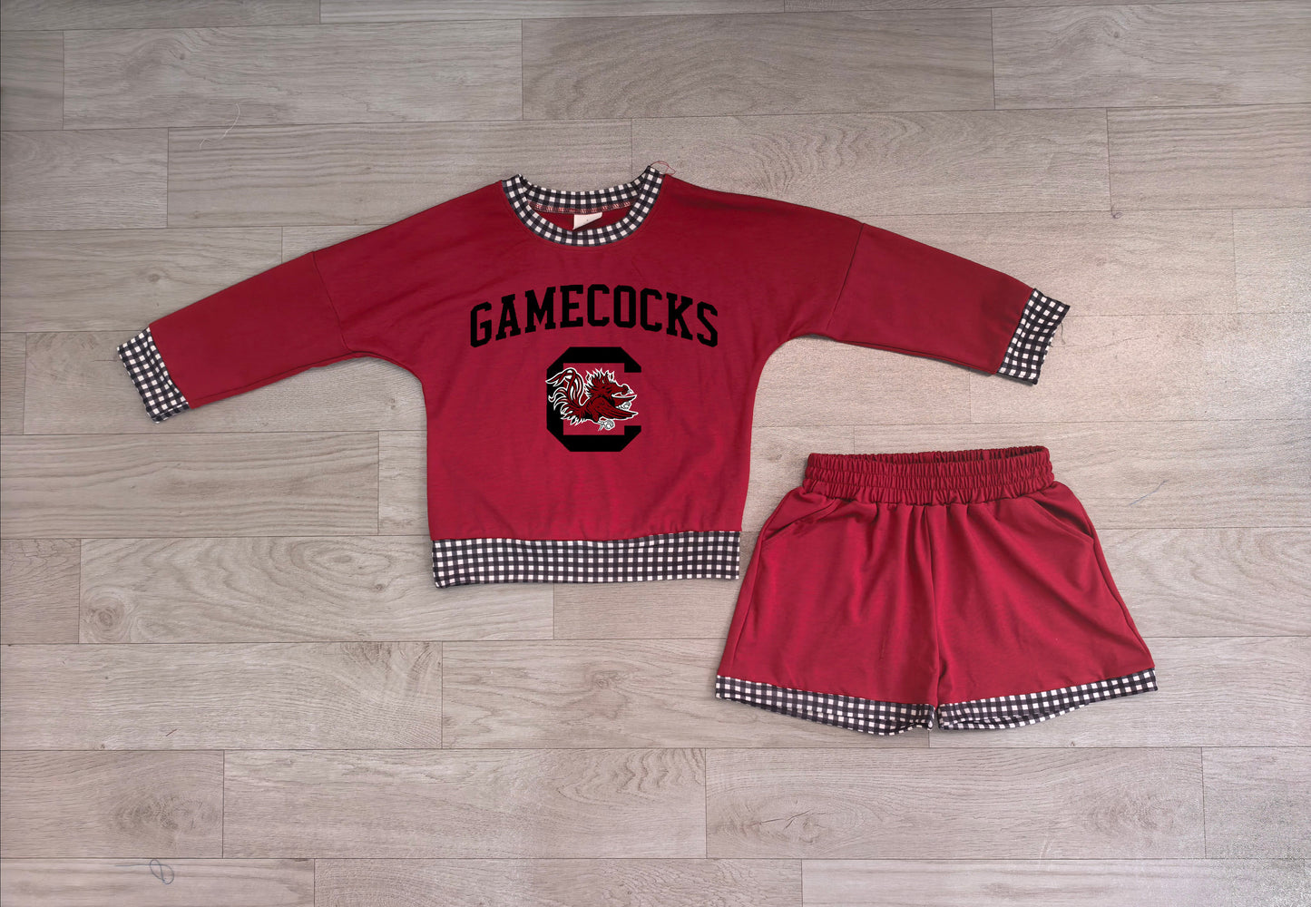(Sample) No moq Vinyl GLS0169 Baby Boys Vinyl Gamecocks Long Sleeve Top Short Team Clothes Set
